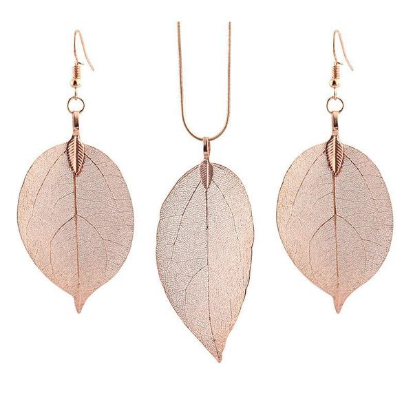 

real natrual long leaf pendant dangle necklace and earring jewelry set fashion gifts for women girls party jewelry, Silver