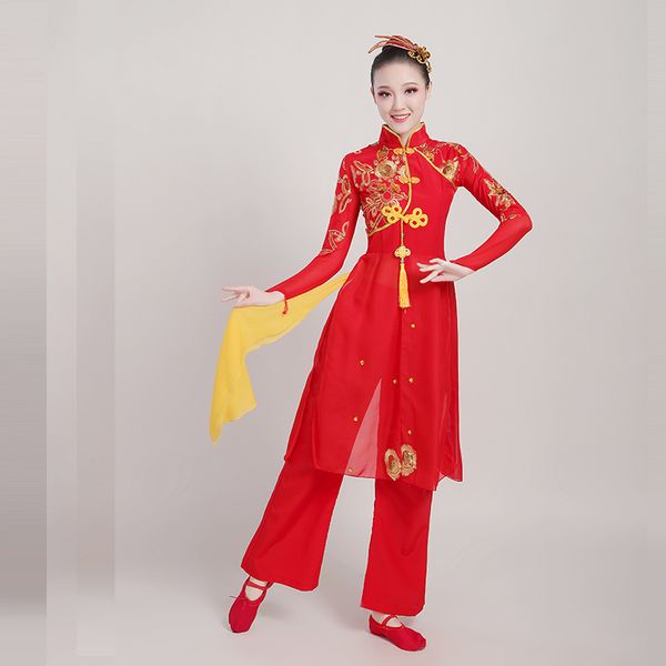 

chinese snow spinning national umbrella dance modern fan dance contemporary costume, Black;red