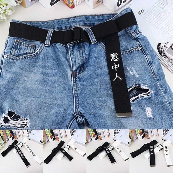 

chinese letter printing women belt jeans dress waist belt long wide double ring buckle belts canvas personality waistband, Black;brown