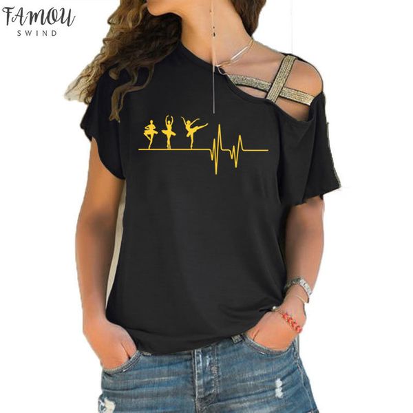 

summer love ballet t shirts cotton short sleeve woman dance t shirt female girl t shirt irregular skew cross bandage tee, White