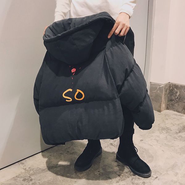 

2019 new winter men's loose printed bread dress solid color hooded thickening to increase casual harajuku coat, Black