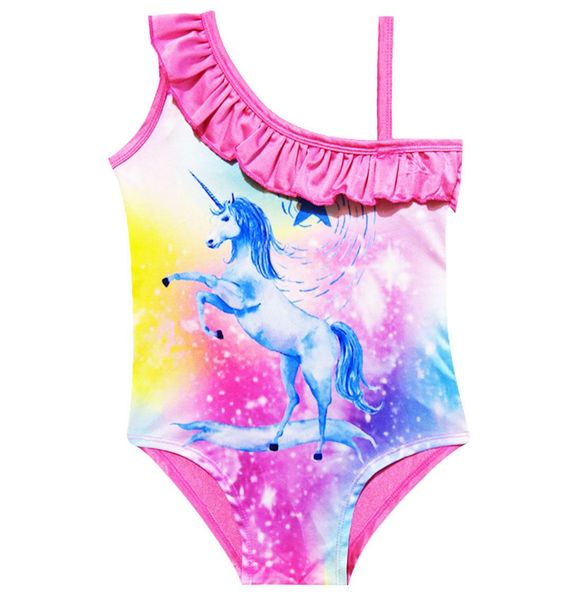 

2019 fashion retro unicorn print shoulder sling one-piece swimsuit female baby clothes pink lace bras underwear designer beach swimwear kids