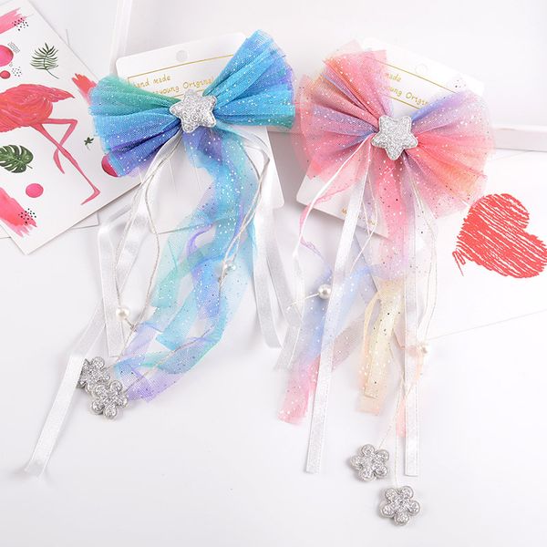 

6pcs/lot child mesh yarn heart star hair clip girls colorful wig new duckbill hairpins bezel for hair wholesale accessories, Slivery;white