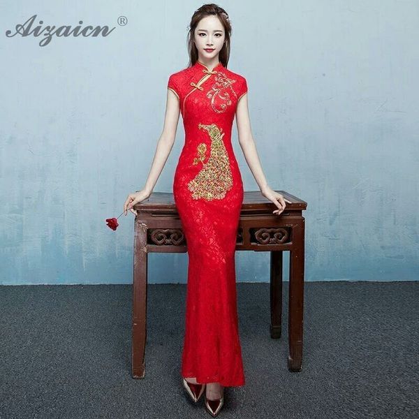 

new lace embroidery cheongsam long red qi pao women chinese traditional wedding dress robe oriental style evening dresses qipao