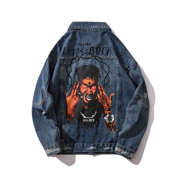 

kimsere fashion hi street ripped paintd jean jackets for man streetwear hip hop rock denim trucker jacket outerwear with holes, Black;brown