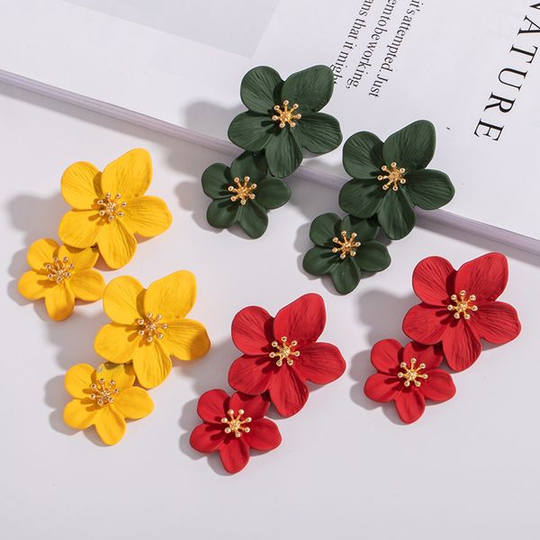 

ujbox fashion exaggerated european american flower earrings female metal red green yellow dangle earrings jewelry gift, Silver