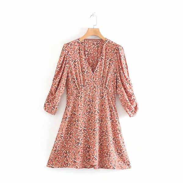 

women v neck floral print casual slim mini dress female pleated three quarter sleeve vestidos chic countrystyle dresses ds3480, Black;gray