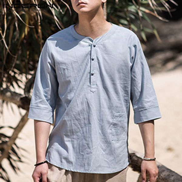 

incerun chinese style vintage men shirt half sleeve button streetwear solid camisa masculina casual shirts men 2019 s-5xl, White;black
