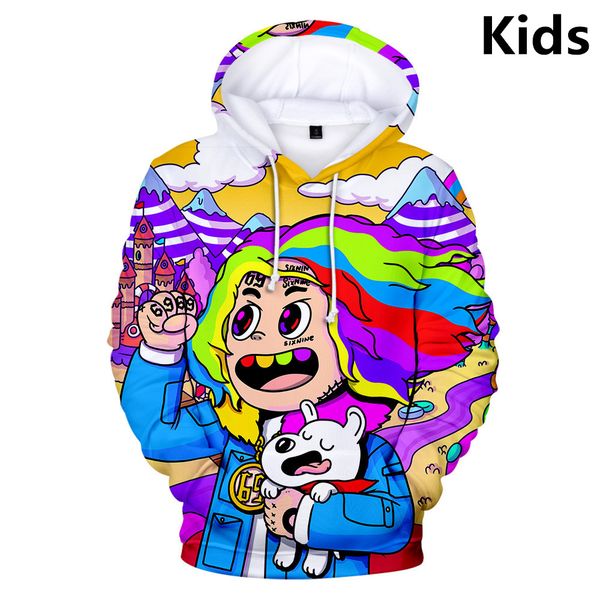 2 ila 13 yıl Çocuklar Hoodies 6ix9ine 3D Baskılı Hoodie Erkek / Kız Kişilik Uzun Kollu Sevimli Kazak Hip Hop Çocuk Giysileri