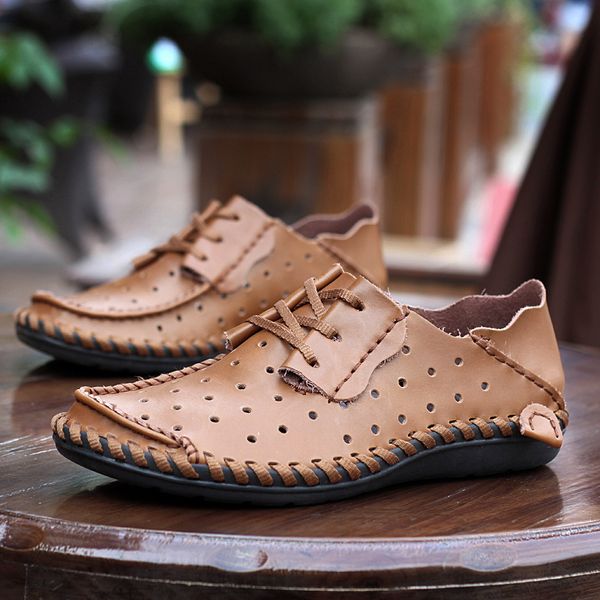 

men flats shoes split leather oxford breathable hollow out summer loafers slipper male outdoor sneakers moccasins footwear 38-50