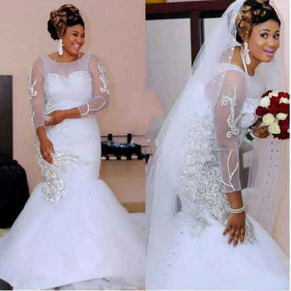 

jewel neck long sleeve mermaid wedding dresses tulle beaded lace up back sweep train bridal wedding gowns, White