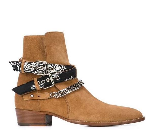 

man genuine leather ankle chain straps boots brown calf leather low block heel almond toe bracelet style strap slip-on style boots shoes, Black