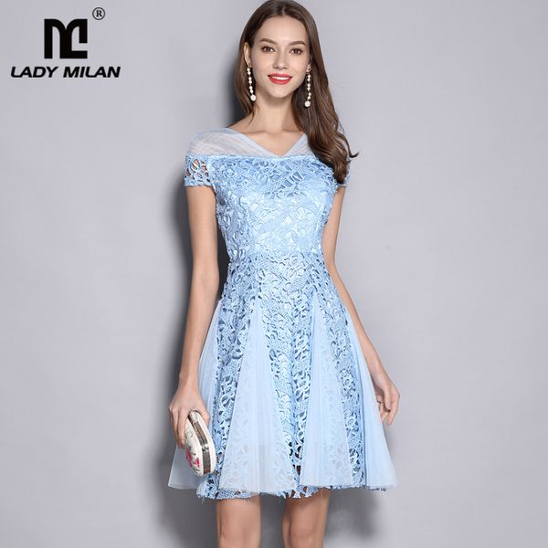 

lady milan women's v neck short sleeves embroidery lace patchwork fashion homecoming runway dresses, Black;gray