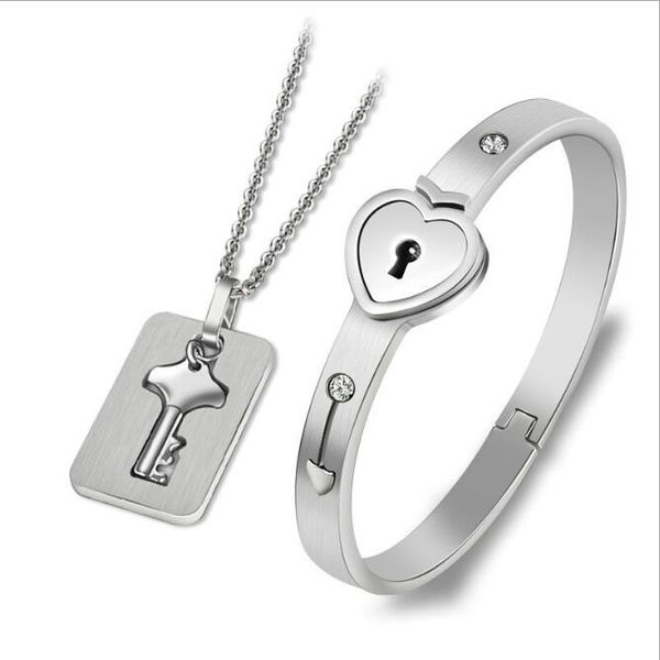 

jewelry sets stainless steel jewelry set lover lock bangle bracelet key pendant necklace ne966, Silver