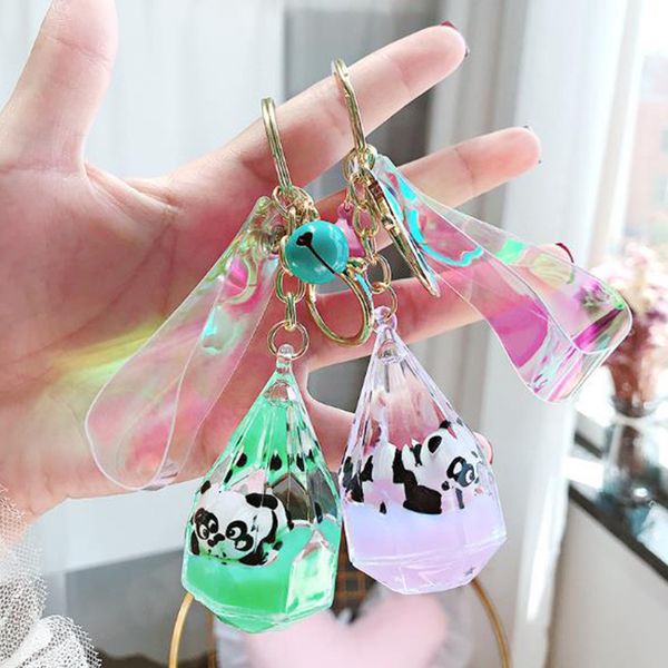 

floating creative cute panda acrylic milk bottle keychain moving liquid quicksand drift bottle keyring for women bag pendant, Silver