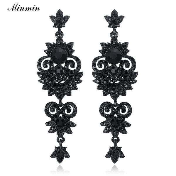 

minmin luxury floral black color vintage earrings unique design crystal long drop earrings women fashion jewelry 2019 meh938, Silver