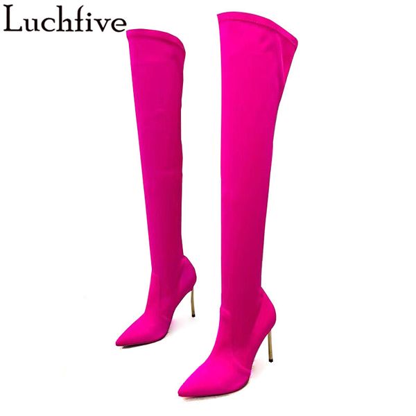 

luchfive slim fit lycra thigh high boots 10.5cm stiletto gold high heel pointed toe party shoes women, Black