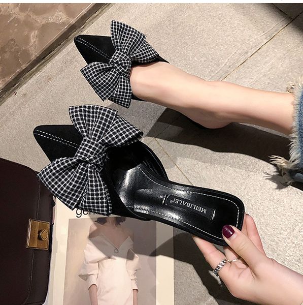 

2019 cotton farbic summer women pointed toe flats bow tie flat shoes half slippers female mules loafers shoes, Black