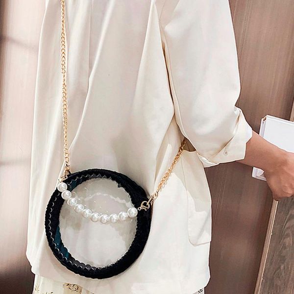 

crossbody bag for ladies fashion hand-woven bag woven shoulder transparent messenger pearl chain bolso mujer #38