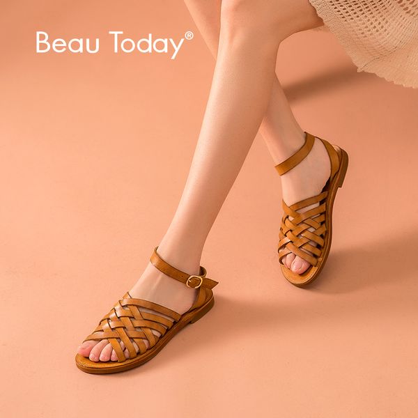 

beautoday sandals women genuine cow leather gladiator ankle strap summer flat heel shoes handmade 33010, Black