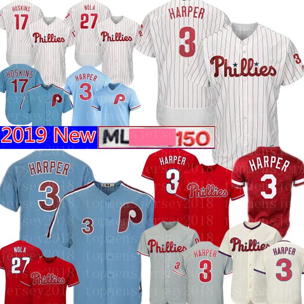 

Philadelphia 3 Bryce Harper Phillies Jersey New 17 Rhys Hoskins 27 Aaron Nola Majestic Baseball Jerseys Mens 150th Embroidery