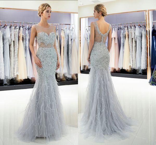 

stunning sequined feather prom dresses long rhinestones beaded high neck formal gowns 2019 floor length evening pageant dress for women, Black