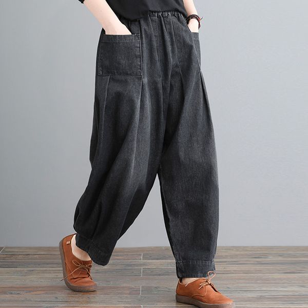 

loose large size solid color jeans cotton polyester long pants with pocket leisure all-match high waist pant for women, Blue