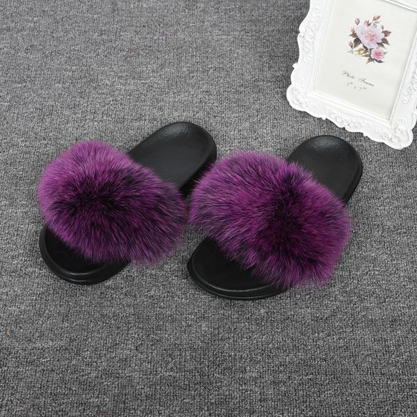 

new frosted color slippers women fox fur slides selling sandals, Black