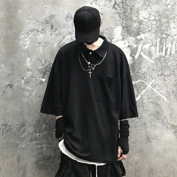 

hip-hop black t shirt men's fashion casual lapel t-shirt men streetwear wild summer loose short-sleeved tshirt mens, White;black