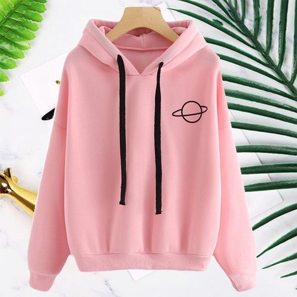 

wepbel весна осень женщины симпатичные планета печати пуловер толстовки моды дамы сплошной цвет желтый пуловеры полный рукава толстовка, Black