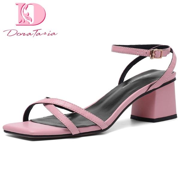 

doratasia 2020 dorpship elegant chunky heels cow skin genuine leather office ladies summer women's shoes sandals, Black
