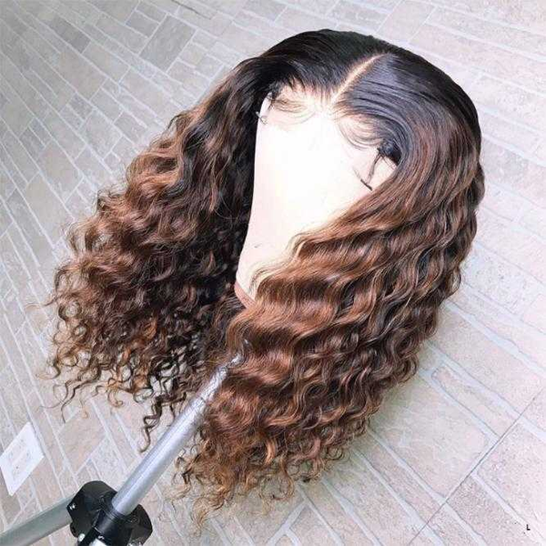 

long colored ombre t1b/30 sassy curly lace front human hair wigs for women 13*4 glueless remy brazilian bleach knots enough full, Black;brown