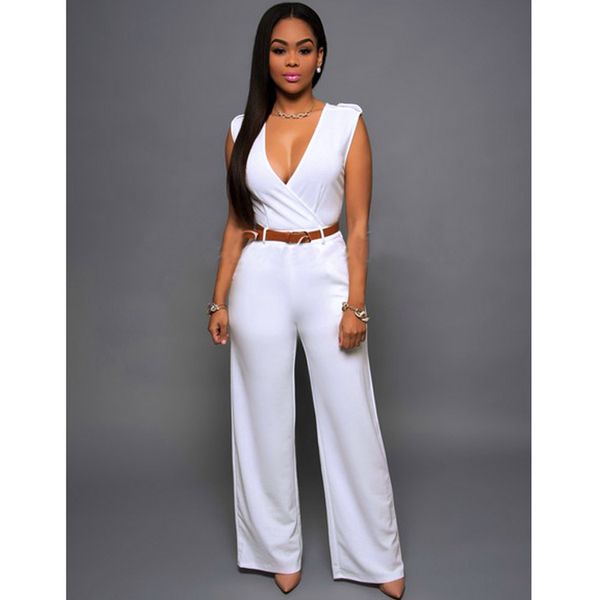 

2018 spring summer jumpsuits women sleeveless wide leg playsuit v-neck rompers womens jumpsuit long trousers pants belted, Black;white
