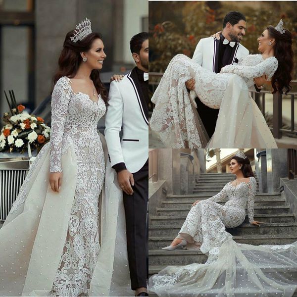

arabic mermaid wedding dresses with detachable overskirts sweep train long sleeve country wedding dress custom vintage vestidos de novia, White