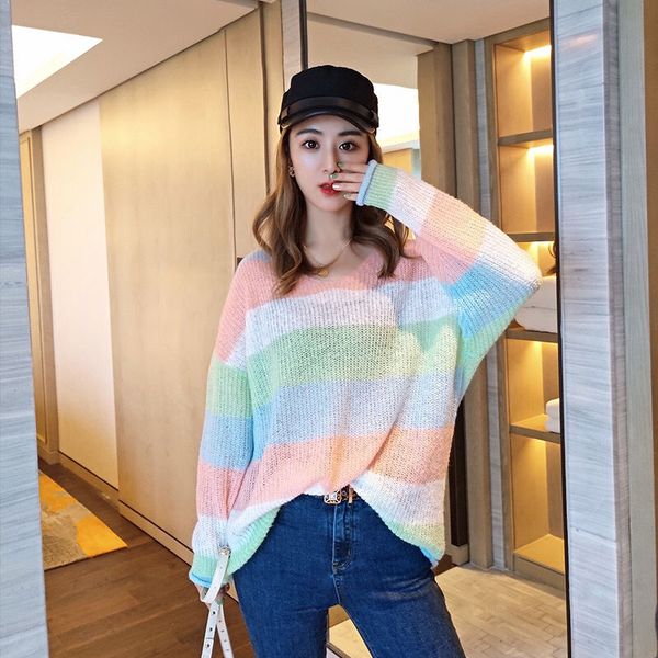 

2019 autumn and winter new korean rainbow stripe bottoming sweater wild loose lazy female student sweater tide, White;black