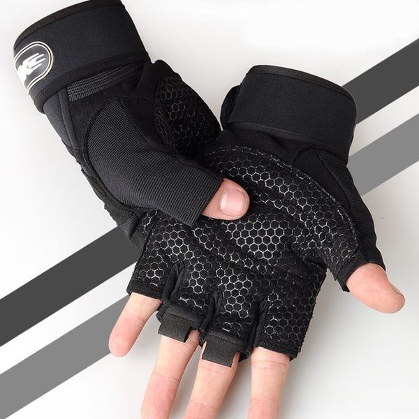 

men half finger gloves fitness heavyweight training non-slip breathable extended wrist support weightlifting sports gloves, Black