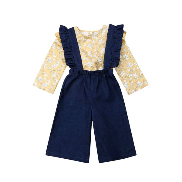 

autumn children clothing casual newborn kids baby girls long sleeve printed t-shirt ruffles suspender pants outfits clothes, White