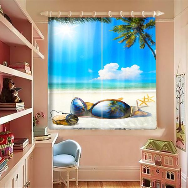 

3d printed short curtains for small window blue beach scenery pattern blackout curtains thicken bedroom for living room