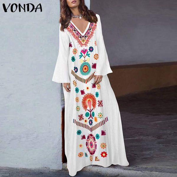 

vonda 2020 women long dress v neck vintage floral print long flare sleeve dresses casual plus size bohemian vestidos 5xl, Black;gray