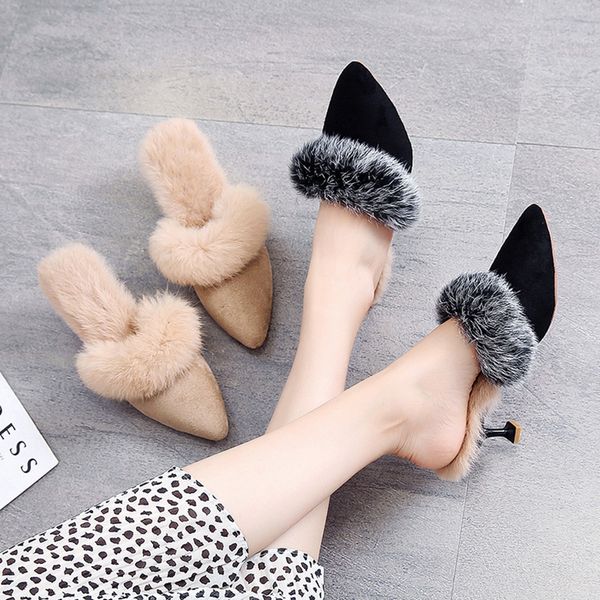 

thin heels shoes womens slippers outdoor fur flip flops pantofle winter footwear luxury slides cover toe med plush 2019, Black
