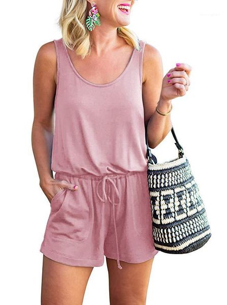 

solid color crew neck shorts set ladies casual female designer clothes womens sleeveless elastic bandage jumpsuit summer, Black;white