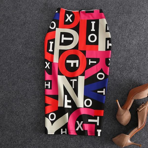 

высокой талией slim-fit mid-length печатный письмо bag hip темперамент ol юбка женский 2020 летний новый карандаш юбка печати, Black