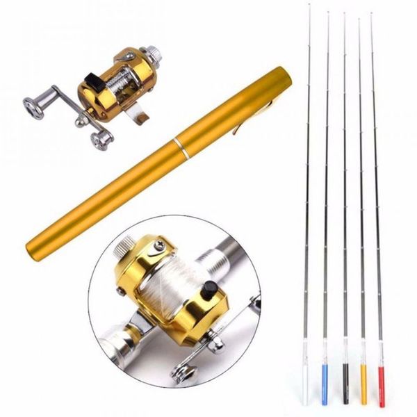 

new metal portable pocket mini fishing pole pen shape folded fishing rod with reel wheel 1