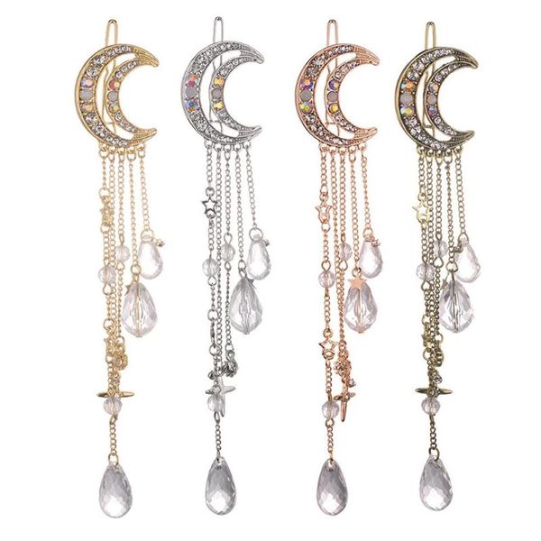 

fashion elegant moon rhinestone crystal tassel dangle hairpin alloy and drill electroplating process women hair jewelry, Golden;white