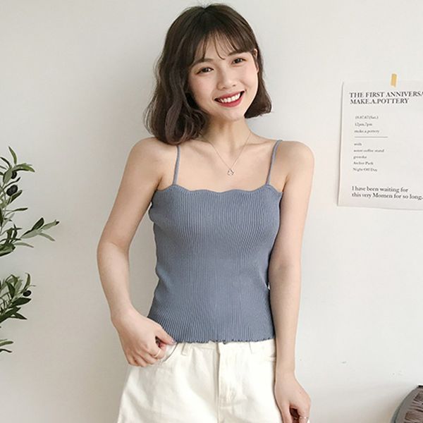 

women knitted sleeveless camisole female v-neck vest strap solid color thin girls summer tank top, White