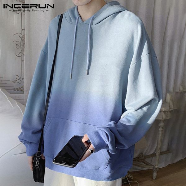 

incerun men fashion gradient long sleeve hooded sweatshirt casual joker comfort baggy mens pullover hoodies autumn streetwear, Black