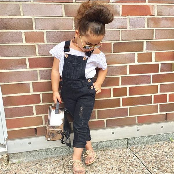 

toddler kids baby girl clothes pullover solid short sleeve strap pocket hole button overall 2pc cotton outfit, White
