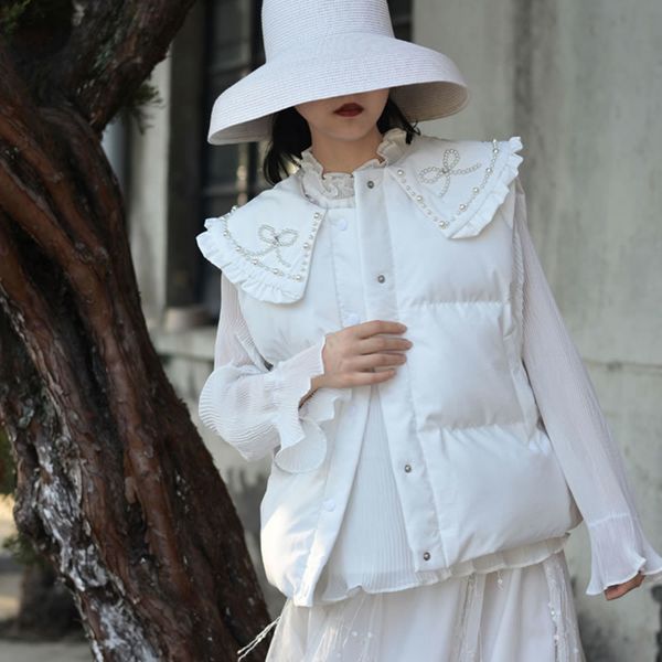 

beading bow doll collar womens vest fashion lovely thick warm sleeveless coat white autumn winter clothes women gcc3023, Black;white