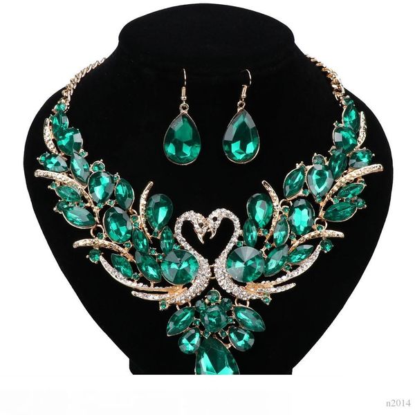 

luxury gold plated green crystal new collier femme double swan statement necklace earring for women party wedding jewelry sets, Slivery;golden