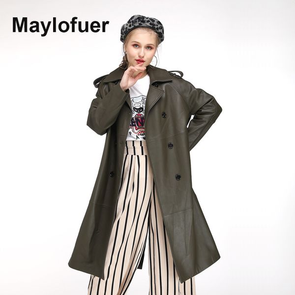 

maylofuer lady sheepskin genuine leather jacket women real leather long coat with belt army green, Black